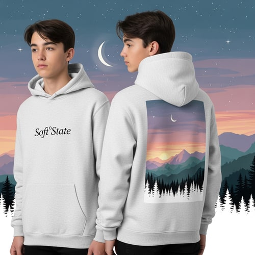 AI Design for Créame un diseño de ropa de adolescente chico q ponga Soft°State y que sea una sudadera con un diseño guapo por detras
