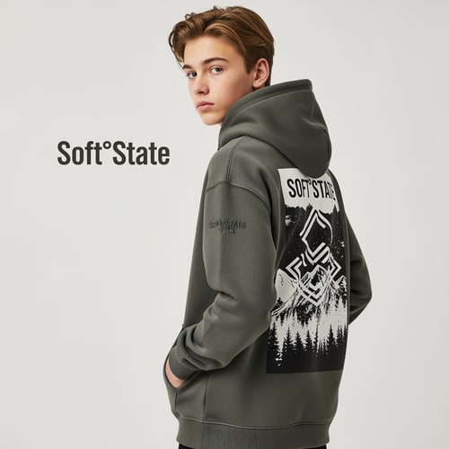 AI Design for Créame un diseño de ropa de adolescente chico q ponga Soft°State y q sean sudaderas y q tenga por detrás un diseño bien chulo masculino y q no sea muy de niño