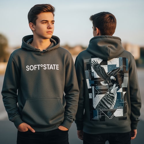 AI Design for Créame un diseño de ropa de adolescente chico q ponga Soft°State y q sean sudaderas y q tenga por detrás un diseño bien chulo masculino