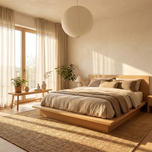 AI Design for Japandi style bedroom with warm sunlight