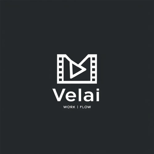 AI Design for Plain Text Wordmark – only clean, strong typography.

Typo + Symbol Fusion – “M” shaped like a film frame / play button / editing cut mark.

Rhythmic Flow – subtle line/wave element under the text showing “Velai = Work / Flow”