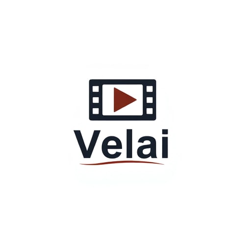 AI Design for Plain Text Wordmark – only clean, strong typography.

Typo + Symbol Fusion – “M” shaped like a film frame / play button / editing cut mark.

Rhythmic Flow – subtle line/wave element under the text showing “Velai = Work / Flow”