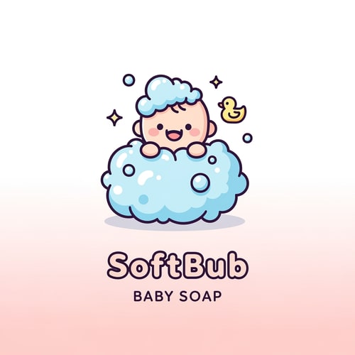 AI Design for Design an adorable premium logo for SoftBub Baby Soap. Create a soft pastel illustration of a baby wrapped in bubbly foam, with tiny sparkles around. Use round, smooth shapes and thick clean outlines. Add a small rubber-duck icon near the bubbles. Keep colors baby-blue, peach, and light yellow. Style: kawaii, minimal, soft shadows, vector-quality. Below the icon, write SoftBub in a chubby rounded font and Baby Soap in simple lowercase. Background soft gradient: white to baby pink.”