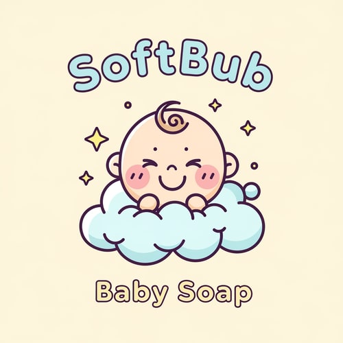 AI Design for Create a cute, pastel baby logo for a brand named SoftBub Baby Soap. Show a smiling baby face with round cheeks and a small curl of hair, sitting inside a fluffy light-blue cloud. Add small yellow stars around the baby. Style should be soft, minimal, kawaii, clean line-art with pastel colors. Include the text ‘SoftBub’ in bold rounded font and ‘Baby Soap’ below it in soft rounded typography. Warm cream background.”