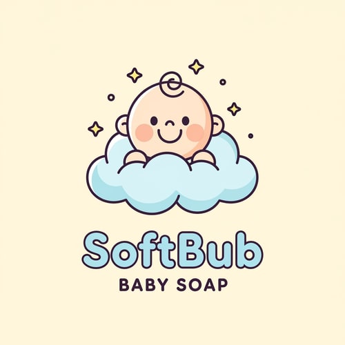 AI Design for Create a cute, pastel baby logo for a brand named SoftBub Baby Soap. Show a smiling baby face with round cheeks and a small curl of hair, sitting inside a fluffy light-blue cloud. Add small yellow stars around the baby. Style should be soft, minimal, kawaii, clean line-art with pastel colors. Include the text ‘SoftBub’ in bold rounded font and ‘Baby Soap’ below it in soft rounded typography. Warm cream background.”