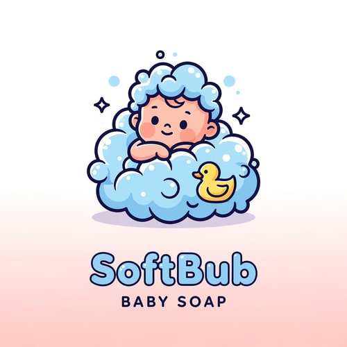 AI Design for Design an adorable premium logo for SoftBub Baby Soap. Create a soft pastel illustration of a baby wrapped in bubbly foam, with tiny sparkles around. Use round, smooth shapes and thick clean outlines. Add a small rubber-duck icon near the bubbles. Keep colors baby-blue, peach, and light yellow. Style: kawaii, minimal, soft shadows, vector-quality. Below the icon, write SoftBub in a chubby rounded font and Baby Soap in simple lowercase. Background soft gradient: white to baby pink.”