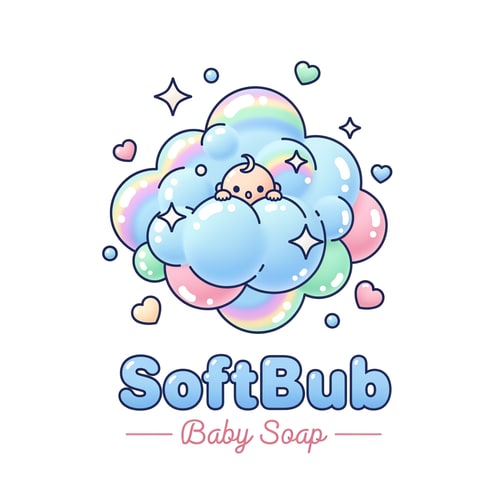AI Design for Create a soft, dreamy baby soap logo for SoftBub. Show a tiny baby peeking out of a big fluffy soap bubble cluster, with pastel rainbow reflections on the bubbles. Add small floating hearts and sparkles around. Style should be soft 3D-pastel, ultra-cute, rounded edges, glossy highlights, and clean vector outlines. Use gentle baby colors: sky blue, cotton pink, mint, and cream. Below the illustration, add the text SoftBub in a bubbly rounded font and Baby Soap in thin soft lettering. Overall look: dreamy, cute, premium.”