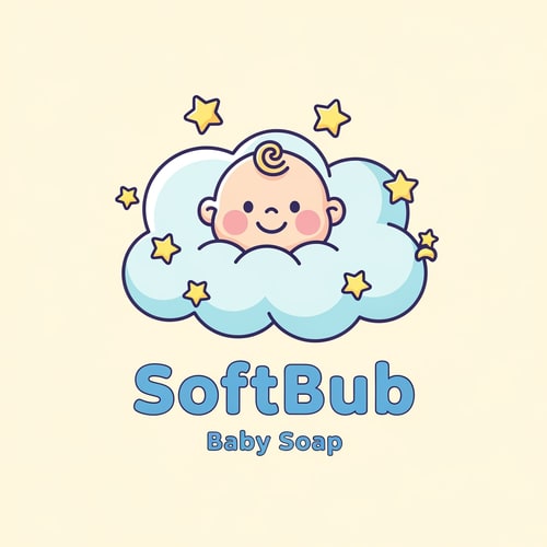 AI Design for Create a cute, pastel baby logo for a brand named SoftBub Baby Soap. Show a smiling baby face with round cheeks and a small curl of hair, sitting inside a fluffy light-blue cloud. Add small yellow stars around the baby. Style should be soft, minimal, kawaii, clean line-art with pastel colors. Include the text ‘SoftBub’ in bold rounded font and ‘Baby Soap’ below it in soft rounded typography. Warm cream background.”
