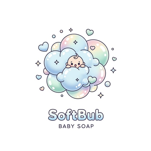 AI Design for Create a soft, dreamy baby soap logo for SoftBub. Show a tiny baby peeking out of a big fluffy soap bubble cluster, with pastel rainbow reflections on the bubbles. Add small floating hearts and sparkles around. Style should be soft 3D-pastel, ultra-cute, rounded edges, glossy highlights, and clean vector outlines. Use gentle baby colors: sky blue, cotton pink, mint, and cream. Below the illustration, add the text SoftBub in a bubbly rounded font and Baby Soap in thin soft lettering. Overall look: dreamy, cute, premium.”