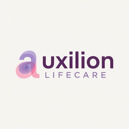 AI Design for That is a very distinct and professional logo!
Here is the detailed prompt that describes the logo shown in the image, capturing all the visual elements, colors, and styling:
---
## Logo Description Prompt
A professional pharmaceutical company logo for **Auxillion Lifecare**.
The logo features the word **“uxillion”** in lowercase, written in a **bold modern sans-serif font** (like Poppins or Montserrat). The color of the text is **dark plum purple (\#3C014C)**.
Below it, the text **“LIFECARE”** appears in uppercase, **thin font with wide letter spacing**, colored **medium purple-gray (\#6A497A)**.
**The most prominent feature** is the initial letter: the lowercase letter **“a”** has been replaced by an **abstract symbol** that is directly connected to the rest of the word **"uxillion"**. This symbol is made from two smooth, **overlapping, organic shapes**—one **lavender (\#E1BDEB)** and the other **soft pink (\#F7A6B8)**—which are slightly transparent and smoothly blended, forming a **gentle curved, wave-like figure** that seamlessly flows into the 'u' of 'uxillion'.
The design should be **clean, minimal, and corporate**, with an **off-white background**. The look conveys **trust, innovation, and care**, suitable for a healthcare or pharmaceutical brand. create logo based on this prompt