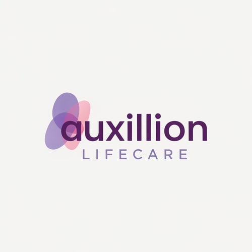 AI Design for That is a very distinct and professional logo!
Here is the detailed prompt that describes the logo shown in the image, capturing all the visual elements, colors, and styling:
---
## Logo Description Prompt
A professional pharmaceutical company logo for **Auxillion Lifecare**.
The logo features the word **“uxillion”** in lowercase, written in a **bold modern sans-serif font** (like Poppins or Montserrat). The color of the text is **dark plum purple (\#3C014C)**.
Below it, the text **“LIFECARE”** appears in uppercase, **thin font with wide letter spacing**, colored **medium purple-gray (\#6A497A)**.
**The most prominent feature** is the initial letter: the lowercase letter **“A”** has been replaced by an **abstract symbol** that is directly connected to the rest of the word **"uxillion"**. This symbol is made from two smooth, **overlapping, organic shapes**—one **lavender (\#E1BDEB)** and the other **soft pink (\#F7A6B8)**—which are slightly transparent and smoothly blended, forming a **gentle curved, wave-like figure** that seamlessly flows into the 'u' of 'uxillion'.
The design should be **clean, minimal, and corporate**, with an **off-white background**. The look conveys **trust, innovation, and care**, A should be creative or vector or illustration suitable for a healthcare or pharmaceutical brand. create logo based on this prompt