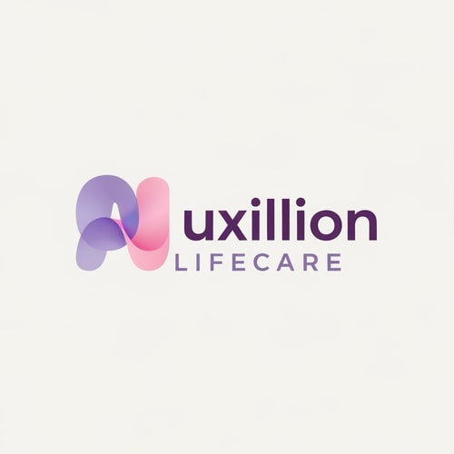 AI Design for That is a very distinct and professional logo!
Here is the detailed prompt that describes the logo shown in the image, capturing all the visual elements, colors, and styling:
---
## Logo Description Prompt
A professional pharmaceutical company logo for **Auxillion Lifecare**.
The logo features the word **“uxillion”** in lowercase, written in a **bold modern sans-serif font** (like Poppins or Montserrat). The color of the text is **dark plum purple (\#3C014C)**.
Below it, the text **“LIFECARE”** appears in uppercase, **thin font with wide letter spacing**, colored **medium purple-gray (\#6A497A)**.
**The most prominent feature** is the initial letter: the lowercase letter **“A”** has been replaced by an **abstract symbol** that is directly connected to the rest of the word **"uxillion"**. This symbol is made from two smooth, **overlapping, organic shapes**—one **lavender (\#E1BDEB)** and the other **soft pink (\#F7A6B8)**—which are slightly transparent and smoothly blended, forming a **gentle curved, wave-like figure** that seamlessly flows into the 'u' of 'uxillion'.
The design should be **clean, minimal, and corporate**, with an **off-white background**. The look conveys **trust, innovation, and care**, A should be creative or vector or illustration suitable for a healthcare or pharmaceutical brand. create logo based on this prompt