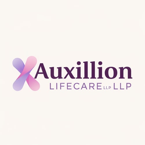 AI Design for Logo Text:
"Auxillion Lifecare LLP"
Typography:
Font Style: Clean, modern sans-serif typeface (similar to Poppins SemiBold or Montserrat Bold).
The word "Auxillion" is in lowercase, bold, and dark plum-purple color.
The word "LIFECARE LLP" is in uppercase, thin or light-weight font, with letter spacing (tracking) slightly increased for a clean corporate look, and colored medium purple-grey.
Alignment: Center-aligned under "Auxillion".
Color Palette:
Main Wordmark ("uxillion") – deep plum purple (#3C014C or similar).
Illustration / symbol – gradient shades of soft lavender (#E1BDEB) and light pink (#F7A6B8) overlapping in a transparent manner.
Subtext ("LIFECARE LLP") – medium purple (#6A497A).
Symbol / Icon:
Positioned to the left of the text.
Stylized abstract letter "A", composed of two smooth, flowing, overlapping organic shapes.
Shapes resemble fluid, soft ribbons or intersecting drops, forming a gentle curve or wave.
The shapes are not sharp-edged – they are rounded, smooth, and softly blended using a gradient or transparency overlap between lavender and pink.
The symbol gives a sense of motion, harmony, and care (abstractly representing life, connection, or health).
Composition:
The symbol is roughly the same height as the word “Auxillion”.
The symbol overlaps slightly behind the “A” and “u” of "Auxillion" (optional for stylistic match).
The entire logo sits on a white or very light beige background.
Overall Look & Feel:
Professional, soft, and elegant.
Reflects a modern healthcare or pharmaceutical brand identity.
Avoids medical clichés (no crosses, pills, or heart icons).
Focuses on abstract purity, balance, and trustworthiness through color and form.