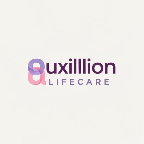 AI Design for That is a very distinct and professional logo!
Here is the detailed prompt that describes the logo shown in the image, capturing all the visual elements, colors, and styling:
---
## Logo Description Prompt
A professional pharmaceutical company logo for **Auxillion Lifecare**.
The logo features the word **“uxillion”** in lowercase, written in a **bold modern sans-serif font** (like Poppins or Montserrat). The color of the text is **dark plum purple (\#3C014C)**.
Below it, the text **“LIFECARE”** appears in uppercase, **thin font with wide letter spacing**, colored **medium purple-gray (\#6A497A)**.
**The most prominent feature** is the initial letter: the lowercase letter **“a”** has been replaced by an **abstract symbol** that is directly connected to the rest of the word **"uxillion"**. This symbol is made from two smooth, **overlapping, organic shapes**—one **lavender (\#E1BDEB)** and the other **soft pink (\#F7A6B8)**—which are slightly transparent and smoothly blended, forming a **gentle curved, wave-like figure** that seamlessly flows into the 'u' of 'uxillion'.
The design should be **clean, minimal, and corporate**, with an **off-white background**. The look conveys **trust, innovation, and care**, suitable for a healthcare or pharmaceutical brand. create logo based on this prompt