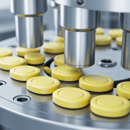 AI Design for “Ultra-realistic and Photorealistic close-up of a pharmaceutical tablet compression machine in operation. A high resolution close-up of small yellow tablets with octagonal shape and a smooth beveled edge. The center has an oval embossed outline with no text or imprint, tablets moving through a rotating stainless steel die table. Multiple Metallic punches pressing tablets with precise mechanical motion on a rotating stainless steel die table. Clean, sterile, high-tech pharmaceutical environment with cool silver tones with high lighting. Detailed reflections on metal surfaces, minimalistic sterile environment. Shallow depth of field with slightly blurred background, sharp focus on punches and freshly compressed tablets, slight depth of field. High-tech, clean, glossy, photorealistic Industrial pharma manufacturing process, no text.”