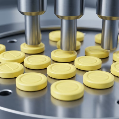 AI Design for “Ultra-realistic and Photorealistic close-up of a pharmaceutical tablet compression machine in operation. A high resolution close-up of small yellow tablets with octagonal shape and a smooth beveled edge. The center has an oval embossed outline with no text or imprint, tablets moving through a rotating stainless steel die table. Multiple Metallic punches pressing tablets with precise mechanical motion on a rotating stainless steel die table. Clean, sterile, high-tech pharmaceutical environment with cool silver tones with high lighting. Detailed reflections on metal surfaces, minimalistic sterile environment. Shallow depth of field with slightly blurred background, sharp focus on punches and freshly compressed tablets, slight depth of field. High-tech, clean, glossy, photorealistic Industrial pharma manufacturing process, no text.”