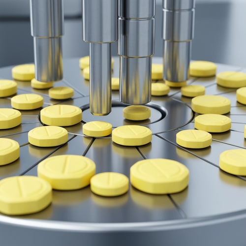 AI Design for “Ultra-realistic and Photorealistic close-up of a pharmaceutical tablet compression machine in operation. A high resolution close-up of small yellow tablets with octagonal shape and a smooth beveled edge. The center has an oval embossed outline with no text or imprint, tablets moving through a rotating stainless steel die table. Multiple Metallic punches pressing tablets with precise mechanical motion on a rotating stainless steel die table. Clean, sterile, high-tech pharmaceutical environment with cool silver tones with high lighting. Detailed reflections on metal surfaces, minimalistic sterile environment. Shallow depth of field with slightly blurred background, sharp focus on punches and freshly compressed tablets, slight depth of field. High-tech, clean, glossy, photorealistic Industrial pharma manufacturing process, no text.”
