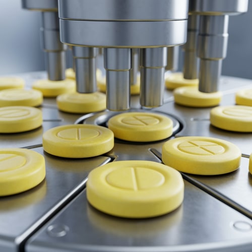 AI Design for “Ultra-realistic and Photorealistic close-up of a pharmaceutical tablet compression machine in operation. A high resolution close-up of small yellow tablets with octagonal shape and a smooth beveled edge. The center has an oval embossed outline with no text or imprint, tablets moving through a rotating stainless steel die table. Multiple Metallic punches pressing tablets with precise mechanical motion on a rotating stainless steel die table. Clean, sterile, high-tech pharmaceutical environment with cool silver tones with high lighting. Detailed reflections on metal surfaces, minimalistic sterile environment. Shallow depth of field with slightly blurred background, sharp focus on freshly compressed tablets, slight depth of field. High-tech, clean, glossy, photorealistic Industrial pharma manufacturing process, no text.” make image from this prompt
