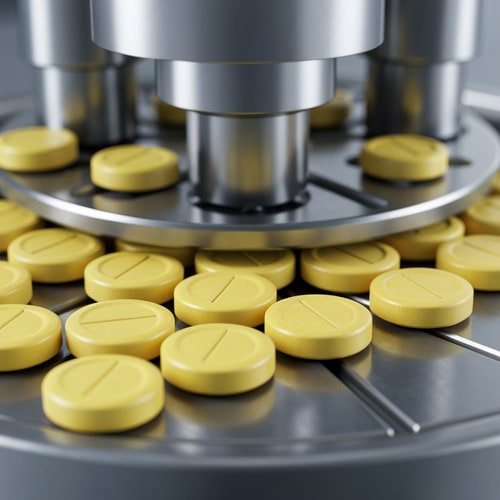 AI Design for “Ultra-realistic and Photorealistic close-up of a pharmaceutical tablet compression machine in operation. A high resolution close-up of small yellow tablets with octagonal shape and a smooth beveled edge. The center has an oval embossed outline with no text or imprint, tablets moving through a rotating stainless steel die table. Multiple Metallic punches pressing tablets with precise mechanical motion on a rotating stainless steel die table. Clean, sterile, high-tech pharmaceutical environment with cool silver tones with high lighting. Detailed reflections on metal surfaces, minimalistic sterile environment. Shallow depth of field with slightly blurred background, sharp focus on freshly compressed tablets, slight depth of field. High-tech, clean, glossy, photorealistic Industrial pharma manufacturing process, no text.” make image from this prompt
