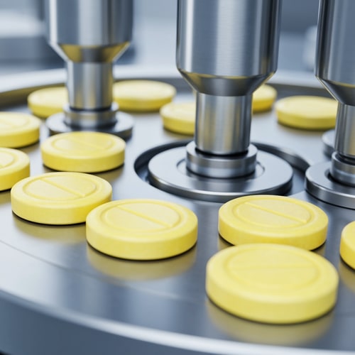 AI Design for “Ultra-realistic and Photorealistic close-up of a pharmaceutical tablet compression machine in operation. A high resolution close-up of small yellow tablets with octagonal shape and a smooth beveled edge. The center has an oval embossed outline with no text or imprint, tablets moving through a rotating stainless steel die table. Multiple Metallic punches pressing tablets with precise mechanical motion on a rotating stainless steel die table. Clean, sterile, high-tech pharmaceutical environment with cool silver tones with high lighting. Detailed reflections on metal surfaces, minimalistic sterile environment. Shallow depth of field with slightly blurred background, sharp focus on freshly compressed tablets, slight depth of field. High-tech, clean, glossy, photorealistic Industrial pharma manufacturing process, no text.” make image from this prompt