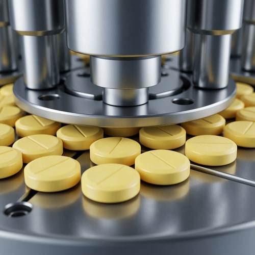 AI Design for “Ultra-realistic and Photorealistic close-up of a pharmaceutical tablet compression machine in operation. A high resolution close-up of small yellow tablets with octagonal shape and a smooth beveled edge. The center has an oval embossed outline with no text or imprint, tablets moving through a rotating stainless steel die table. Multiple Metallic punches pressing tablets with precise mechanical motion on a rotating stainless steel die table. Clean, sterile, high-tech pharmaceutical environment with cool silver tones with high lighting. Detailed reflections on metal surfaces, minimalistic sterile environment. Shallow depth of field with slightly blurred background, sharp focus on punches and freshly compressed tablets, slight depth of field. High-tech, clean, glossy, photorealistic Industrial pharma manufacturing process, no text.”