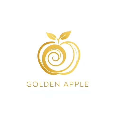 AI Design for Design a luxurious, minimalist logo for the 'Golden Apple' fitness and wellness brand, featuring a golden apple emblem. Integrate the Fibonacci sequence into the apple's shape, emphasizing spiraling curves or golden ratio proportions to give it a harmonious, naturally balanced aesthetic. Use elegant golden tones for the apple and subtle white or black for the background, depending on the class theme (white for yoga/pilates, black for functional training). Incorporate golden highlights for a high-end feel, ensuring the curves are smooth and the design evokes balance, wellness, and luxury.