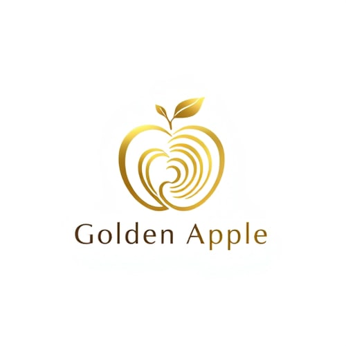 AI Design for Design a luxurious, minimalist logo for the 'Golden Apple' fitness and wellness brand, featuring a golden apple emblem. Integrate the Fibonacci sequence into the apple's shape, emphasizing spiraling curves or golden ratio proportions to give it a harmonious, naturally balanced aesthetic. Use elegant golden tones for the apple and subtle white or black for the background, depending on the class theme (white for yoga/pilates, black for functional training). Incorporate golden highlights for a high-end feel, ensuring the curves are smooth and the design evokes balance, wellness, and luxury.
