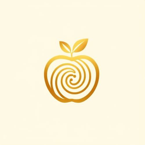 AI Design for "A stylized golden apple logo with the elements arranged in a Fibonacci spiral pattern. The apple shape should follow the Fibonacci sequence, with the leaf and stem also adhering to the Fibonacci proportions. The overall composition should have a harmonious, organic feel that showcases the natural mathematical beauty of the Fibonacci sequence. The color palette should be warm and earthy, highlighting the natural theme.the logo must have golden details and off-white background"