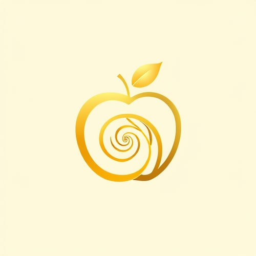 AI Design for "A stylized golden apple logo with the elements arranged in a Fibonacci spiral pattern. The apple shape should follow the Fibonacci sequence, with the leaf and stem also adhering to the Fibonacci proportions. The overall composition should have a harmonious, organic feel that showcases the natural mathematical beauty of the Fibonacci sequence. The color palette should be warm and earthy, highlighting the natural theme.the logo must have golden details and off-white background"