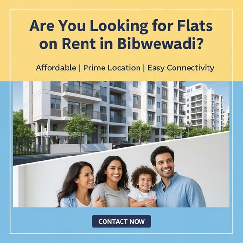 AI Design for Create a clean and simple Facebook campaign poster with the headline: “Are You Looking for Flats on Rent in Bibwewadi?” Add supportive text like “Affordable | Prime Location | Easy Connectivity”. Use real estate themed visuals like modern apartment buildings or happy families. Keep the colors professional (blue, white, or light yellow). Add a “Contact Now” call-to-action button style at the bottom. Make the design neat, attractive, and easy to read.