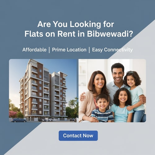 AI Design for Create a clean and simple Facebook campaign poster with the headline: “Are You Looking for Flats on Rent in Bibwewadi?” Add supportive text like “Affordable | Prime Location | Easy Connectivity”. Use real estate themed visuals like modern apartment buildings or happy families. Keep the colors professional. Add a “Contact Now” call-to-action button style at the bottom. Make the design neat, attractive, and easy to read.