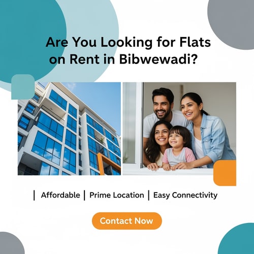 AI Design for Create a clean and simple Facebook campaign poster with the headline: “Are You Looking for Flats on Rent in Bibwewadi?” Add supportive text like “Affordable | Prime Location | Easy Connectivity”. Use real estate themed visuals like modern apartment buildings or happy families. Keep the colors professional. Add a “Contact Now” call-to-action button style at the bottom. Make the design neat, attractive, and easy to read.