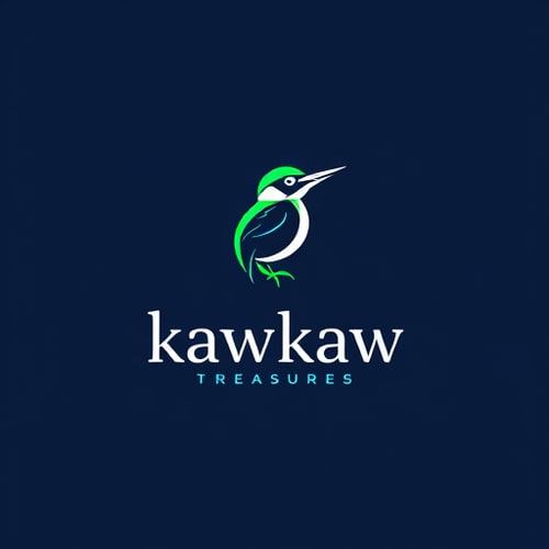 AI Design for phant Logo CompanyPrompt:make the background dark navy blue Brain: Elephant 2.0, Lora: Variation 1, Lora Strength: 0.7, Images: 3, Quality: 4, CFG: 7, Seed: 1, Mode: Logomake the background dark navy blue make the background dark navy blue make the background dark navy blue Prompt:- Logo: A logo that incorporates elements of the kingfisher bird reflecting its beauty and grace. named "kawkaw Treasures" but just put an acronym K treasure - Color Palette: A palette inspired by the kingfisher's monochrome color, greens and turquoise eyes but only the bird has colors, the fonts are monochrome and the background dark navy blue