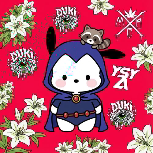 AI Design for haz que la imagen 1, la que tiene a raven  este en el medio, luego quiero que el fondo sea un rojo cereza y que tenga los lirios de la imagen 5 esparcidos por toda la imagen. Tambien quiero que en la imagen este la imagen 3 pero dibujado de una forma mas animada, y tambien que este la imagen tres y cuatro pero sin tapar la imagen 1