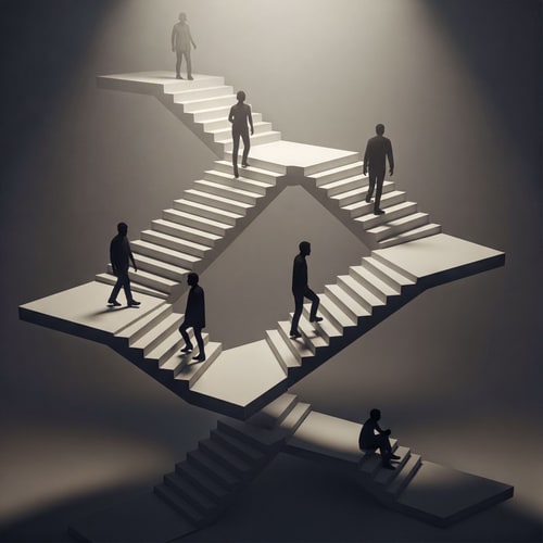 AI Design for Create a conceptual staircase as a narrative of movement, not a functional element.
Uneven steps, changing rhythm, pauses, sitting, and slow ascent
Human silhouettes showing walking, standing, and sitting for scale and movement
Abstract, minimalist, atmospheric, soft lighting, muted tones
No rails, doors, or realistic building context
Emphasize movement, rhythm, pause, effort, and spatial experience