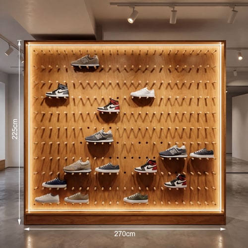 AI Design for A modern shoe display unit for a retail store interior. The display is constructed from perforated twin plywood panels with evenly spaced holes, 10 cm apart. Inserted into each hole are natural pine wooden dowels, each 15 cm long, extending outward from the panel. Various athletic sneakers are neatly placed on the wooden dowels. The entire display unit has a natural wood finish, coated with a clear matte lacquer, emphasizing the wood grain. The display measures 225 cm in height and 270 cm in width. Clean, minimalist design, high-quality materials, warm natural tones, realistic lighting, professional retail presentation.