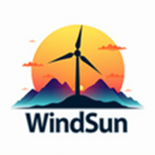 Professional logo design. concept logo of a windmill with mountains in the background. colorful sunset theme. with the text 'WindSun'