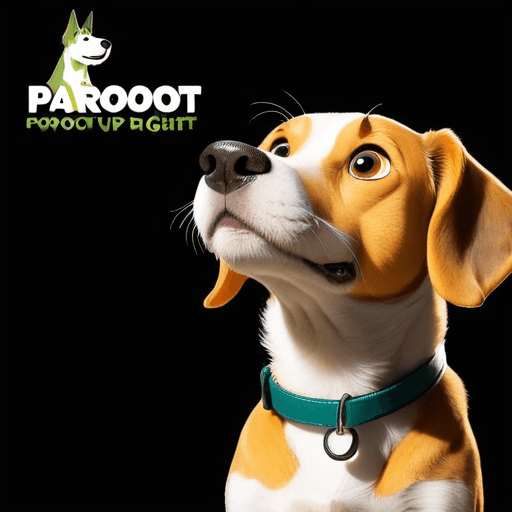 Professional logo design. dog looking up right, close up , text PaRoot <lora:sdxlbase20:1>