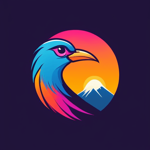Professional logo design. bird logo, looking sideway and up, face only, add sparks, colorful, add mountains in the background, sunset <lora:sdxlbase20:1>
