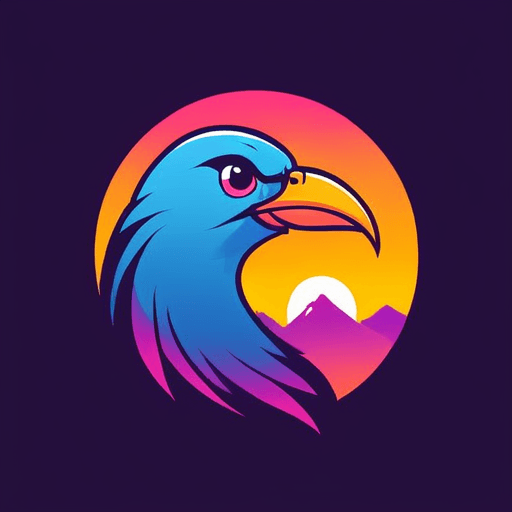 Professional logo design. bird logo, looking sideway and up, face only, add sparks, colorful, add mountains in the background, sunset <lora:sdxlbase20:1>