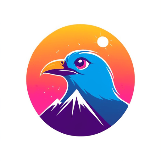 Professional logo design. bird logo, looking sideway and up, face only, add sparks, colorful, add mountains in the background, sunset <lora:sdxlbase20:1>