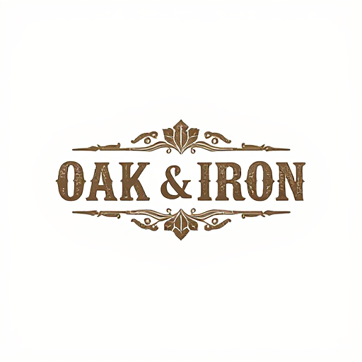Professional logo design. Create a rustic logo for "Oak & Iron," using textured fonts and natural tones.