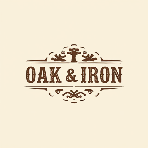 Professional logo design. Create a rustic logo for "Oak & Iron," using textured fonts and natural tones.