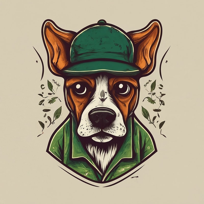 Professional logo design. dog with a hat, wearing a green shirt