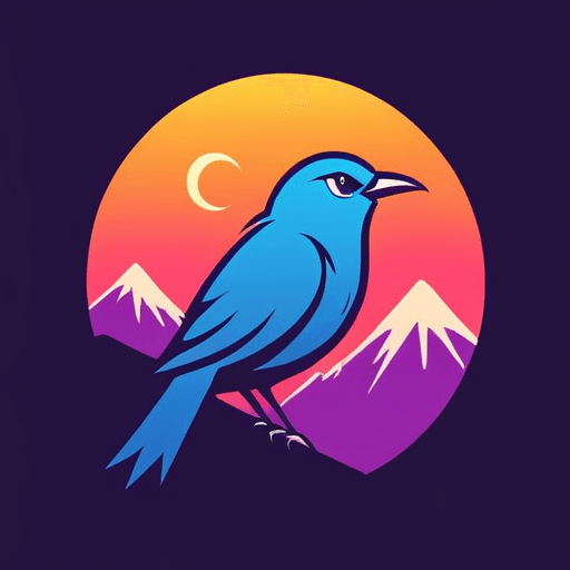 Professional logo design. bird logo, looking sideway and up, face only, add sparks, colorful, add mountains in the background, sunset <lora:sdxlbase20:1>