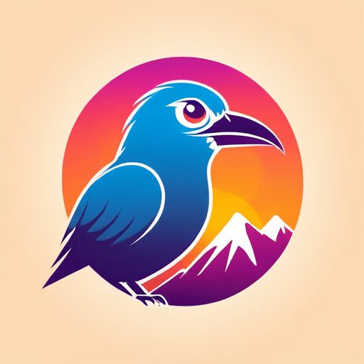 Professional logo design. bird logo, looking sideway and up, face only, add sparks, colorful, add mountains in the background, sunset <lora:sdxlbase20:1>