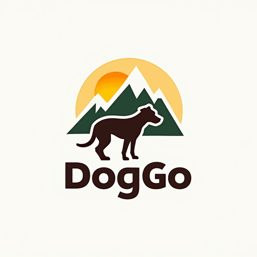 Professional logo design. dog concept logo with text DogGo, sun, mountain