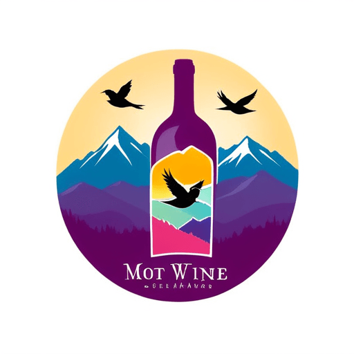 Professional logo design. wine bottle logo, with mountains in the background and birds, colorful <lora:sdxlbase20:1>