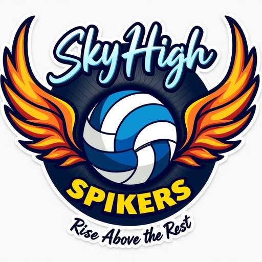 Professional logo design. In the vibrant world of sports branding, create an eye-catching logo design for a dynamic volleyball team known as the "Sky High Spikers." The logo should feature a powerful volleyball, prominently rendered in bright shades of electric blue and bold white, symbolizing energy and enthusiasm. Surrounding the ball, incorporate stylized wings that evoke a sense of soaring motion and agility, colored in a gradient of fiery orange and soft yellow, representing the warm cheer and spirit of the team.Set against a circular backdrop, the logo should be framed by an abstract depiction of a volleyball net, intricately woven in dark gray, providing a modern and sleek touch. The team's name, "Sky High Spikers," should be elegantly arched above the volleyball in a strong, contemporary font, reflecting confidence and determination, while the team’s slogan, "Rise Above the Rest," can be placed below in a smaller, playful script that adds a friendly vibe.Consider adding a subtle textured effect to the background, reminiscent of sandy volleyball courts, to enhance depth and evoke the atmosphere of competitive play. The overall emotional tone of the logo should convey excitement, teamwork, and a fierce competitive spirit, appealing to both players and supporters alike and making it memorable in the fast-paced world of sports.