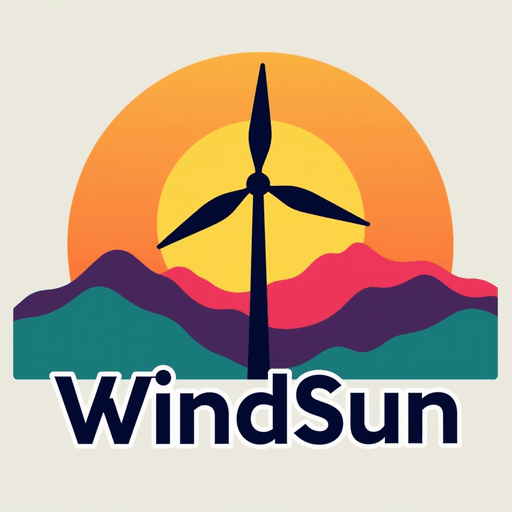 Professional logo design. concept logo of a windmill with mountains in the background. colorful sunset theme. with the text 'WindSun'